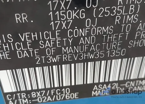 2017 Toyota Rav4 Xle из США, поврежденный, VIN 2T3WFREV3HW351350